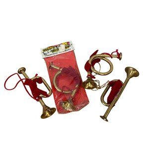 Vintage Happy Holidays Christmas Brass French Horn Trumpet Ornaments Set Of 4